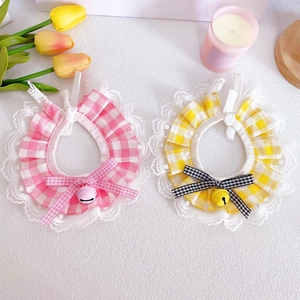 Pink and yellow plaid pet lace collar with bow and bell for small cats and dogs