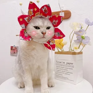 Sunflower shaped red pet collar with Japanese floral patterns and adjustable white ribbons
