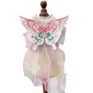 Pink and yellow gradient Chinese-style pet dress with butterfly embroidery and pearls