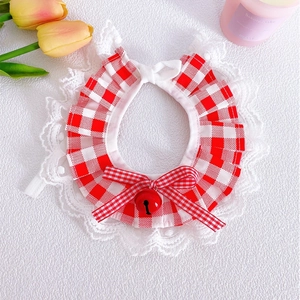 Plaid pet collar with white lace trim, red bowknot and bell for cats and small dogs