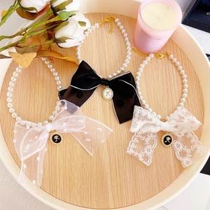 Adjustable pet pearl necklaces with lace bows and rose pendants in three styles