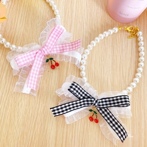 Lace pearl pet collar with cherry pendant and ribbon bow for cats and small dogs