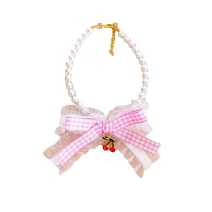 Adjustable cherry plaid lace bow pet pearl collar for cats and dogs with sweet style