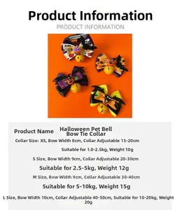 Size chart for Halloween pet bowties with pumpkin designs and adjustable collar bell