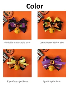 Detail view of four Halloween pet bow ties with bats, pumpkins and bells for festive dressing