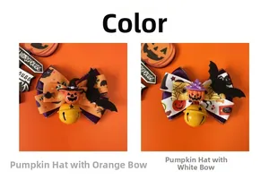 Detail of Halloween pet bow ties with pumpkin charms, bats, and yellow bells