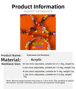 Size chart for Halloween pet bead necklace showing XS to L measurements and weights