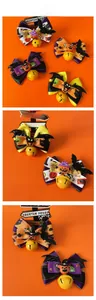 Detail of Halloween pet bow collars featuring pumpkin, bat wings and a yellow bell