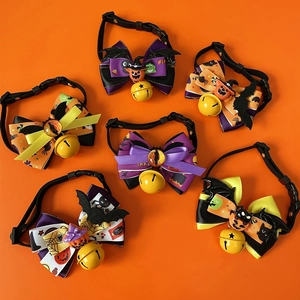 Detailed set of six Halloween pet bow ties with bells in orange, purple, and black themes
