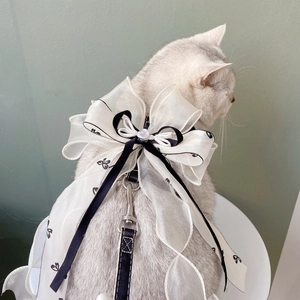Detail of dog harness with large white organza bow and elegant black ribbon accents