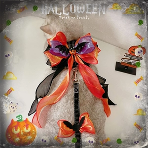 Halloween Katzengeschirr mit orangefarbenem Tüllbogen, Fledermausflügeln und Kürbisdekor
