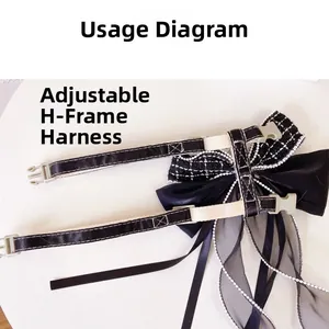 Detail of adjustable H-shaped dog harness with chic black and white bow and lace accents