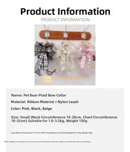 Size guide for adjustable bear-themed plaid pet harness with nylon leash specifications
