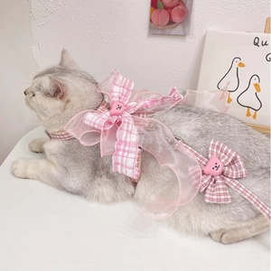 Close-up of pink plaid pet harness with a sheer bow and a cute bear buckle on a cat