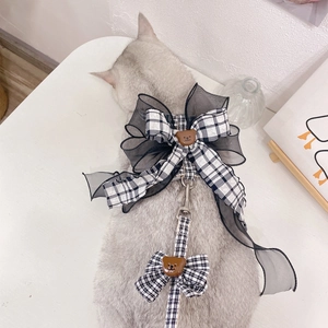 Adjustable checkered cat harness and leash set with brown bear and black organza bow
