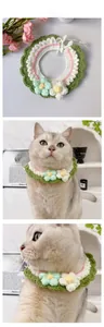 Detail showing hand-knitted pet collar with green crochet flowers and adjustable ties