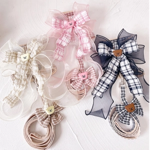 Adjustable plaid pet harness with bear accent and organza bow in three colors