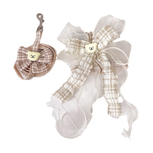 Adjustable beige plaid pet harness and leash set with a cute bear charm and organza bow