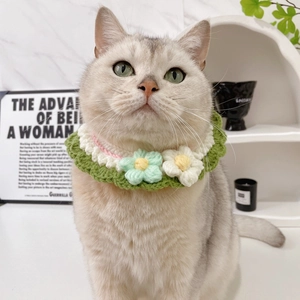 Handmade knitted pet collar with green flower pattern on a silver tabby cat