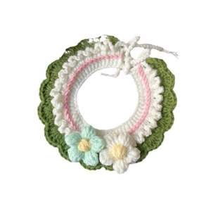 Handmade crochet pet collar with green lace and floral details for cats and dogs