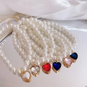 Vintage Pet Artificial Pearl Necklace Heart Gemstone Pendant Elegant Cat Dog Jewelry Adjustable Imitation Artificial Pearl Collar For Party