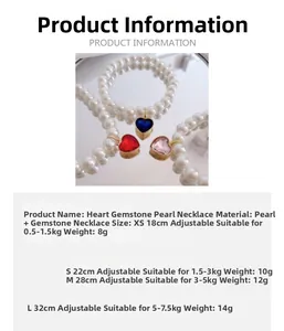 Size chart for heart gemstone pearl pet necklace featuring XS to L measurements and weights
