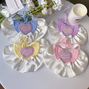 Cute Princess Style Pet Bib Saliva Towel For Cat Small Dog Heart Embroidery Crochet Cotton Satin Ruffle Bowknot Neckband Accessory