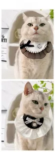 Detail of pet lace collar with camellia pendant and pearl trim on knit fabric