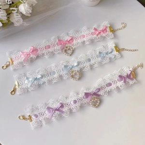 Sweet Lolita lace pet collar with satin ribbons, bowknots and a heart pearl pendant