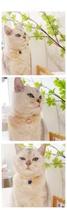 Three-grid detail view of cats wearing pearl necklaces with colorful heart pendants