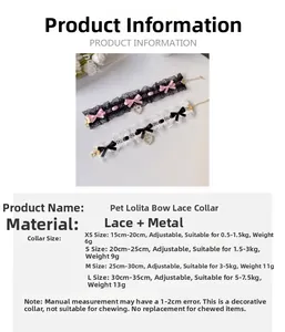 Size chart for Lolita lace pet collar featuring adjustable lengths for cats and small dogs