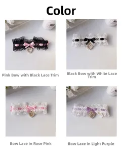 Detail view of lace pet collars with satin bows and pearl heart pendants in four colors