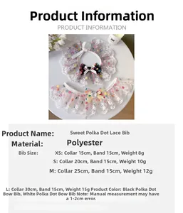 Size chart for polka dot pet collars with lace, bowknot, and heart rhinestone details