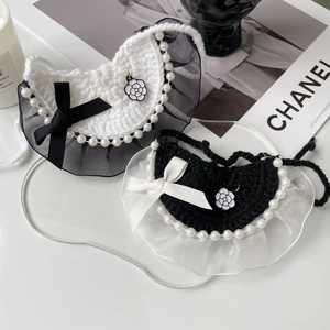 Elegant black and white hand-knitted pet lace collars with camellia and pearls
