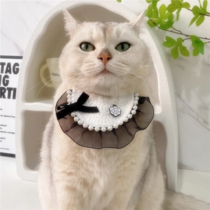 Lace pet collar with pearls, black mesh trim and camellia flower pendant for cats