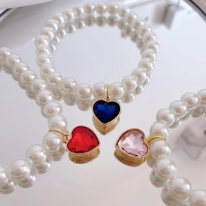 Pet pearl necklace with heart crystal pendant in blue, red and pink jewel tones