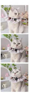 Three-angle view of a white lace pet collar with a colorful polka dot bow on a cat
