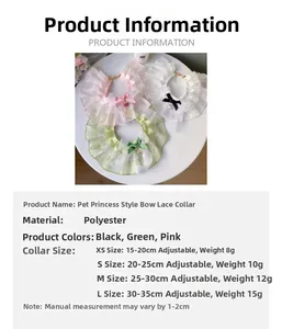 Size guide table for pet lace bib with bow and crystal pendant specifications