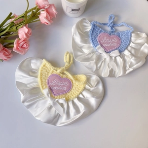 Cute crochet pet bib with lace trim and heart embroidery for small cats and dogs