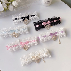 Lolita lace pet collar with bow and pearl heart pendant in six assorted pastel colors