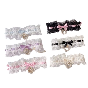 Lace pet collars with satin bows and pearl heart pendants in six assorted colors