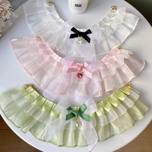 Lace ruffle pet collars with ribbon bows and heart crystals in pink, white, and green