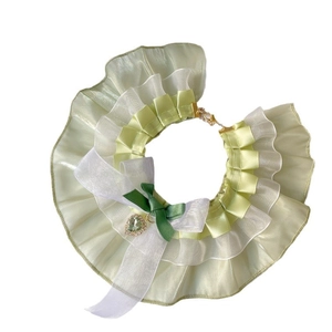 Lace ruffle pet collar with green satin bow and crystal heart pendant for cats and dogs