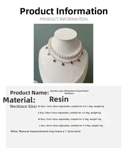 Size chart for double-layer pet pearl necklace with rhinestones and resin material details