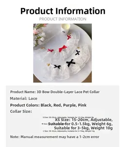 Size chart for double-layered lace pet collars with 3D bows and pearls for cats and dogs