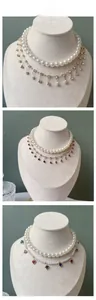 Three elegant pearl pet necklaces featuring crystal tassels and heart-shaped gemstone charms