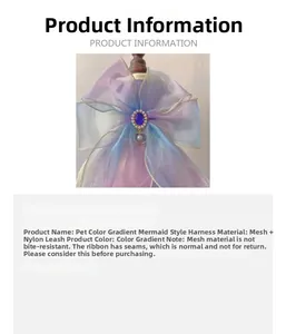 Detail of mermaid gradient pet harness with mesh fabric and pearl bow decoration