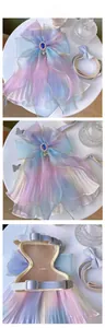 Detail of iridescent pet harness dress with pleated organza, bow and mesh lining