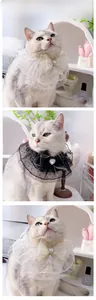 Detailed view of luxury pet lace collar with ribbon bow and heart pearl gemstone