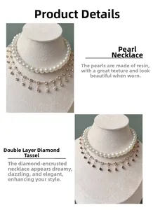 Detailed macro view of double-layer resin pearl pet necklace with tassel diamonds